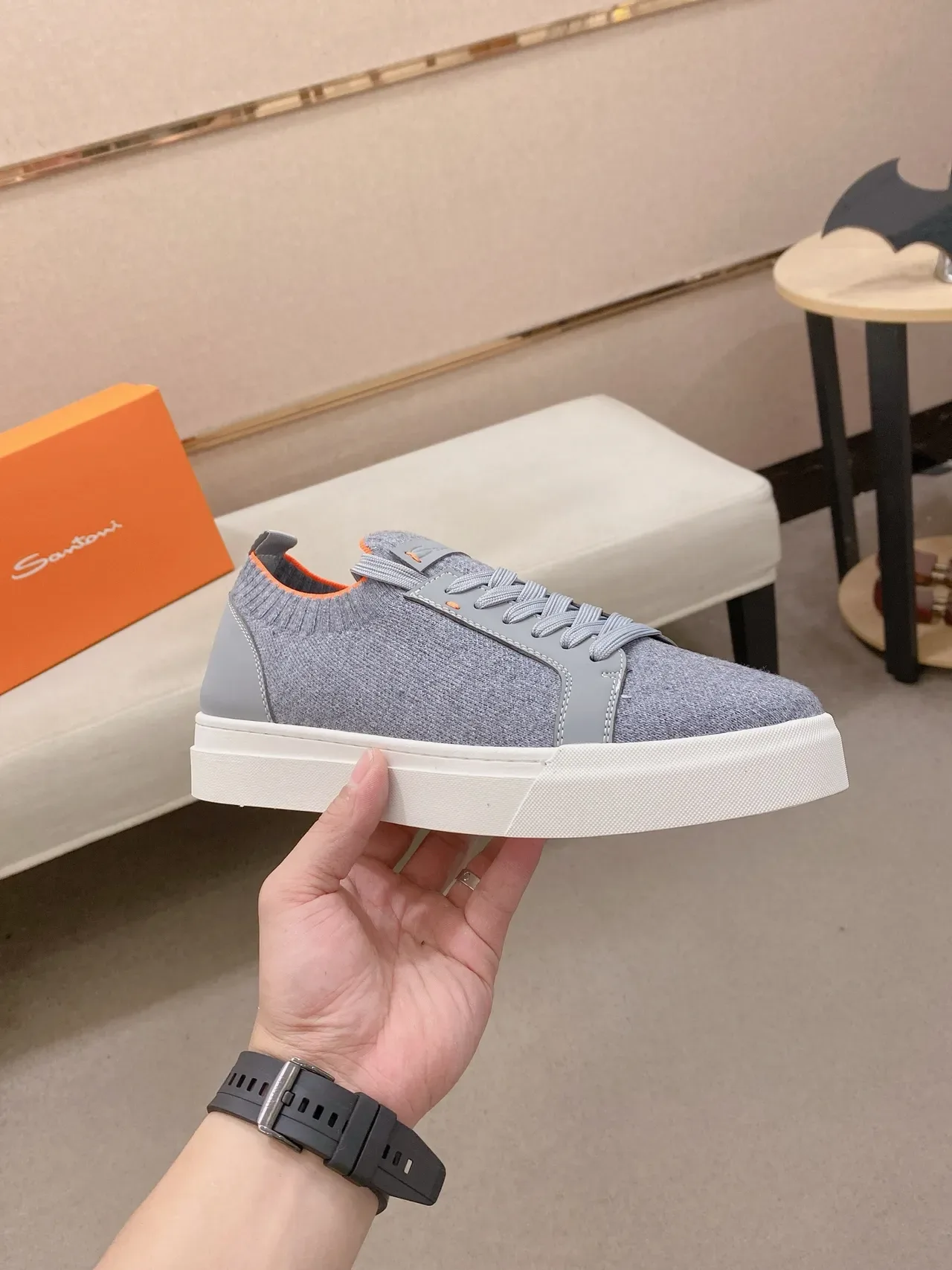 Gray Orange Knit Upper Sock-Fit Collar Sneakers 5