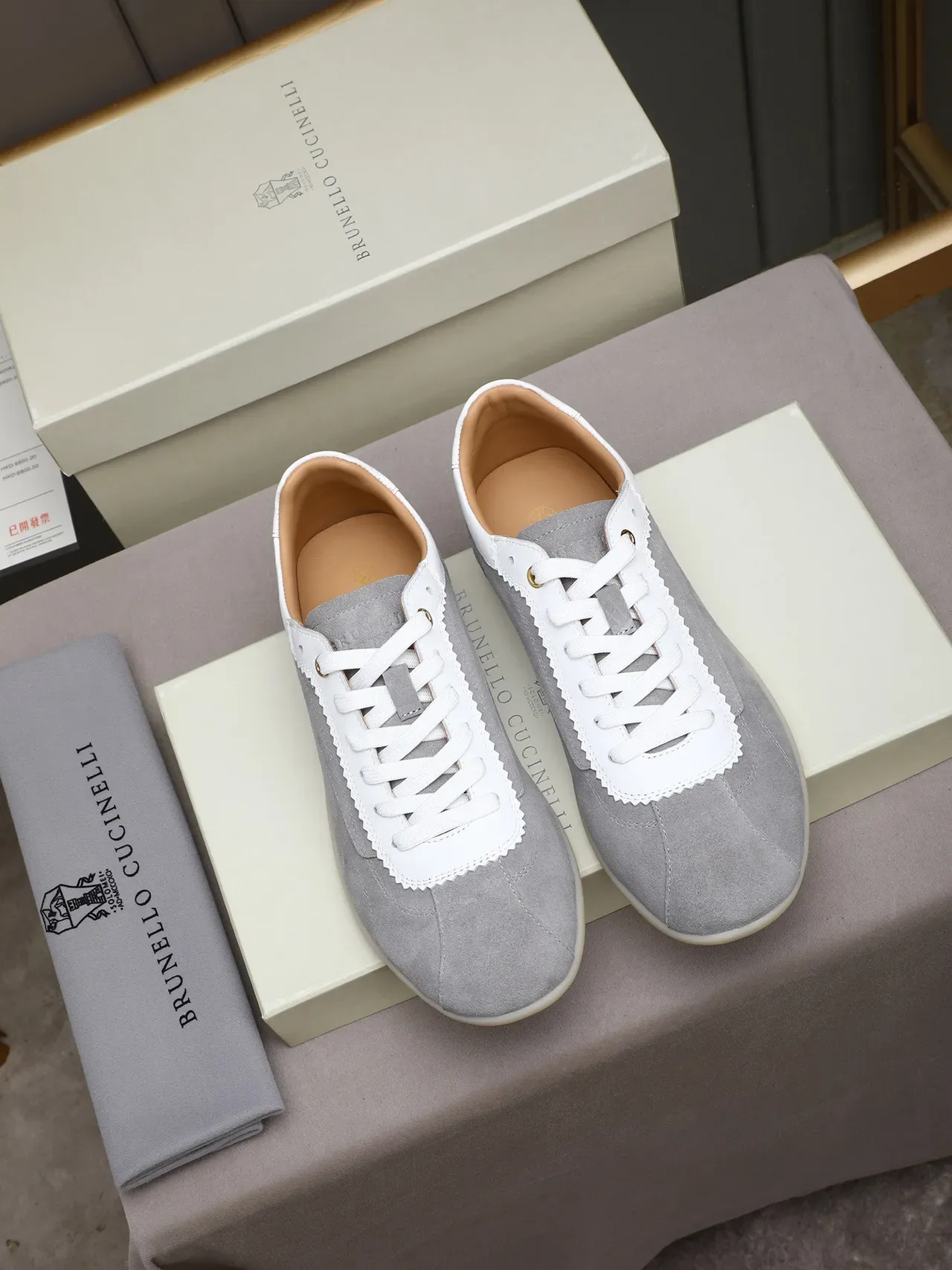 Gray Suede and White Scalloped Overlay Retro Runner Sneaker 2