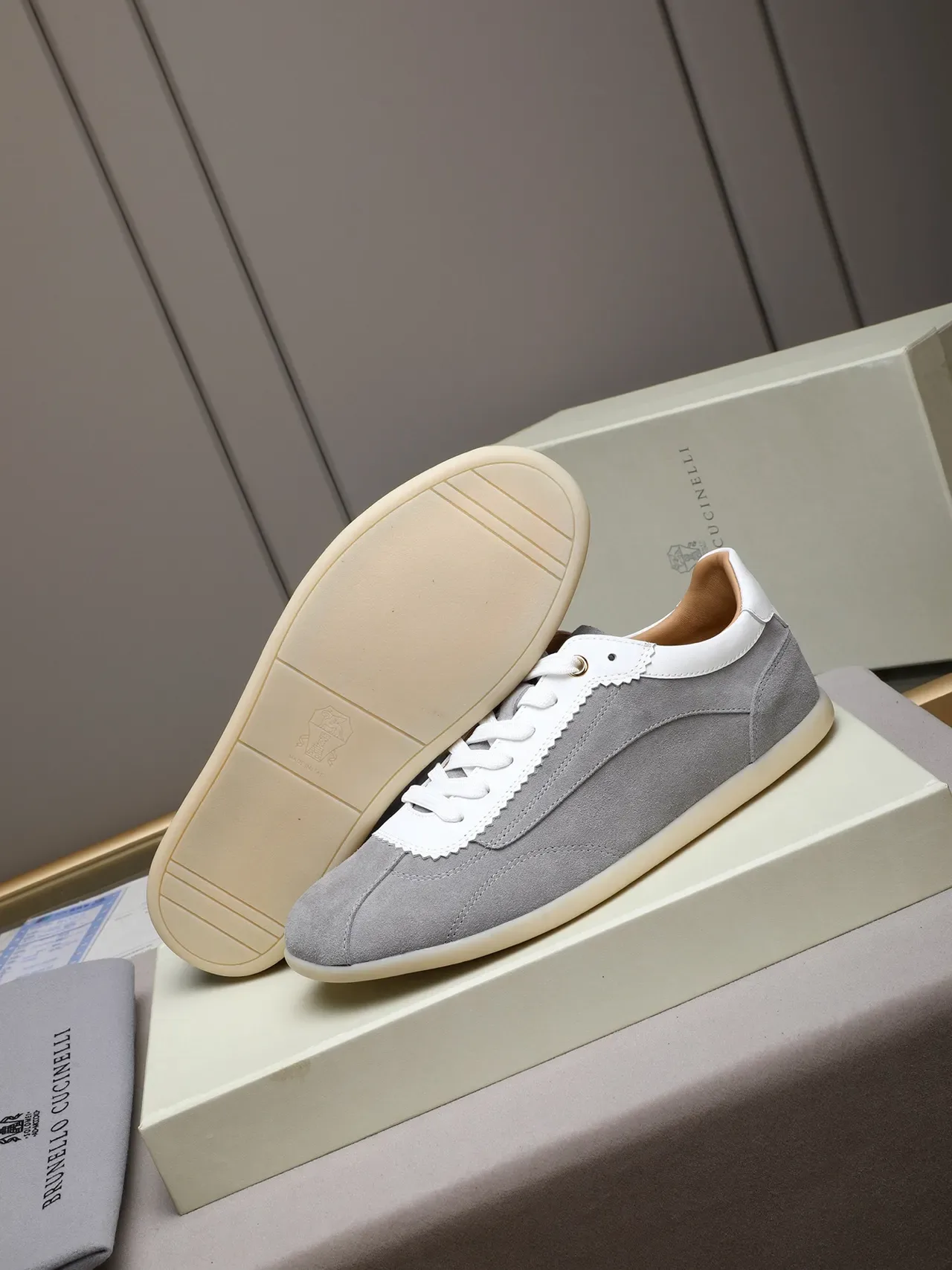 Gray Suede and White Scalloped Overlay Retro Runner Sneaker 4