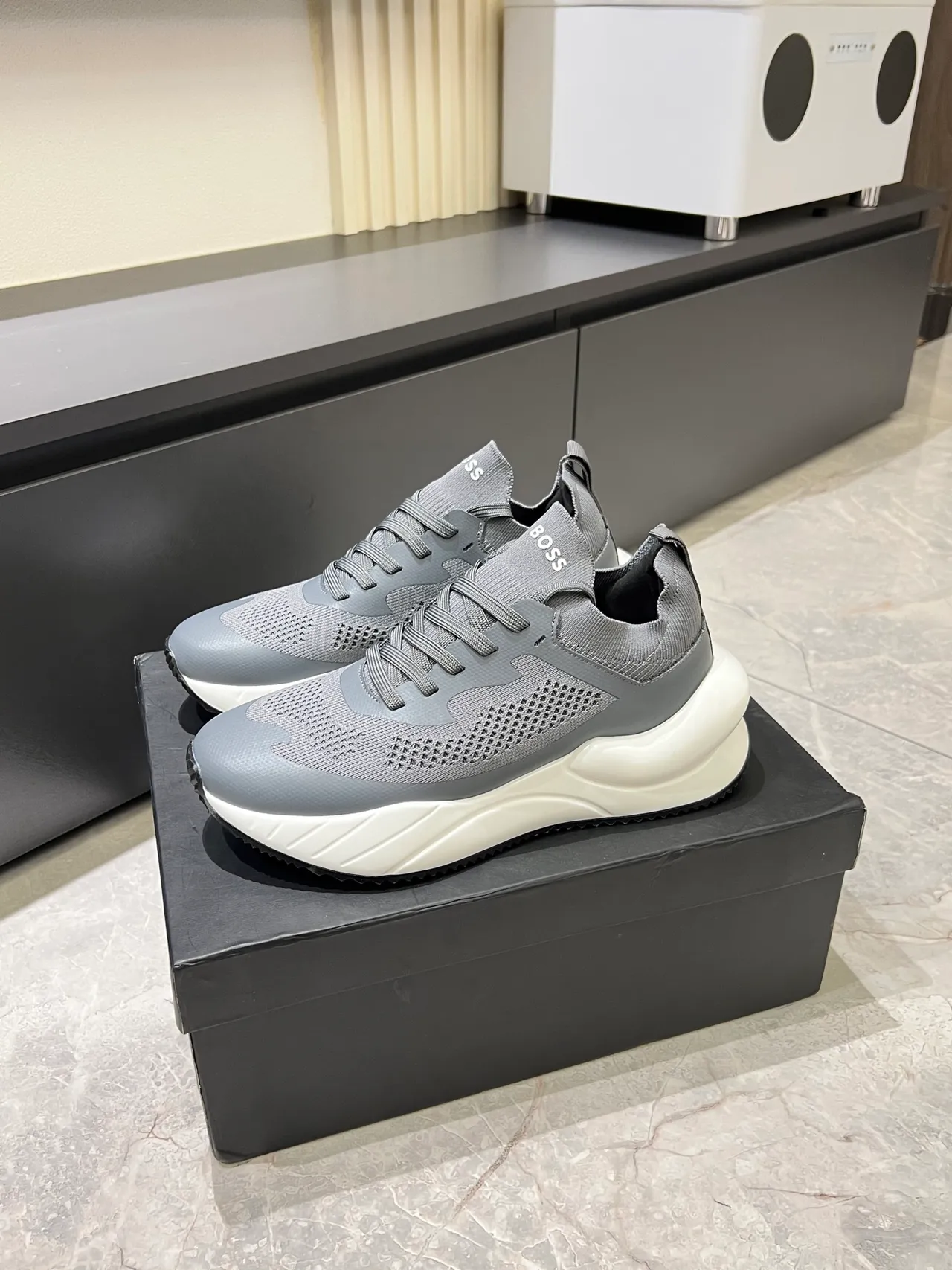Gray White Knit Mesh Upper Perforated Panel Detailing Chunky Sneakers 4