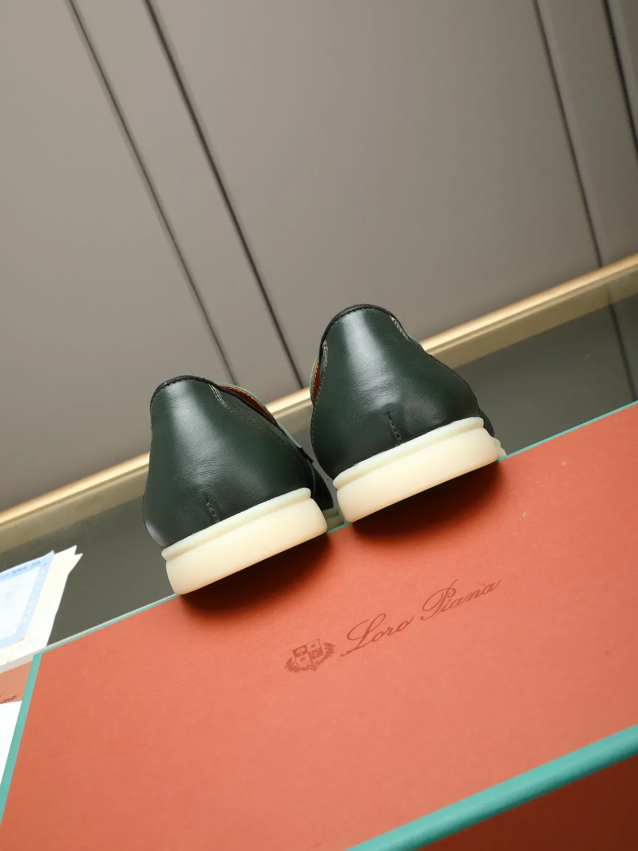 Green Beige Croc-Embossed Leather Metal Logo Plaque Strap Loafer 4