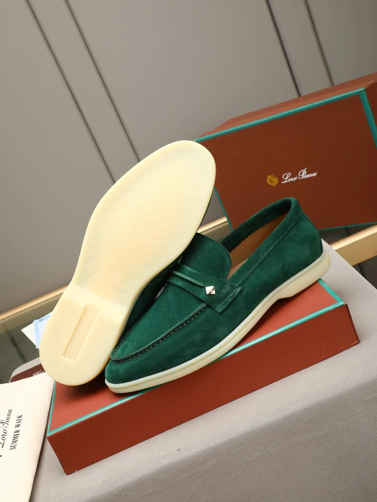 Green Beige Suede Saddle Strap Loafer 4