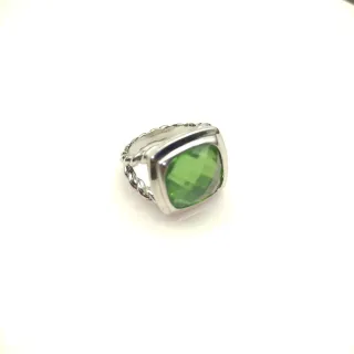 Green Silver Cushion-Cut Gemstone Twisted Rope-Style Band Ring