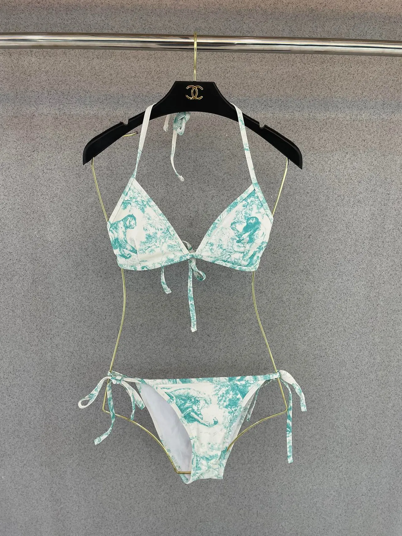 Top de triángulo de natación con impresión de Toile verde y blanco 8