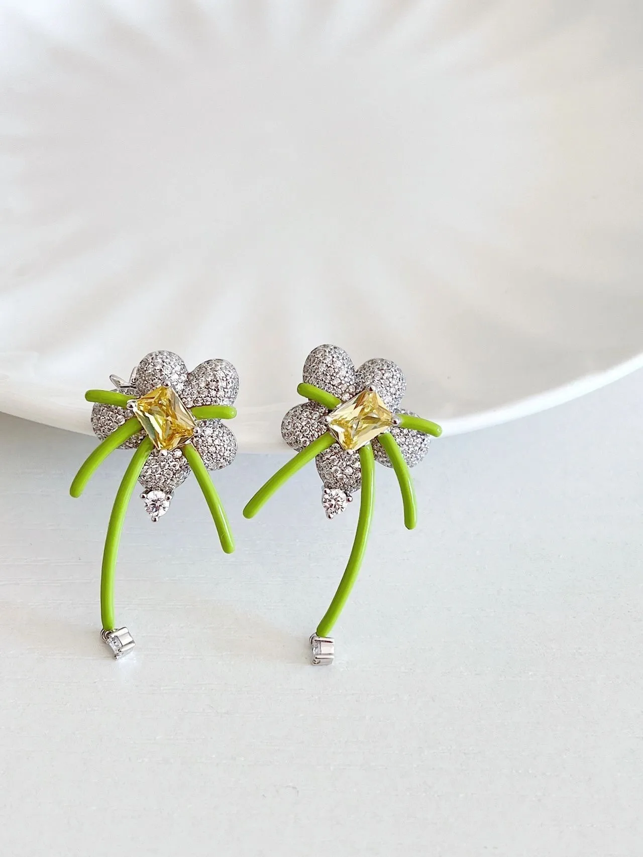 Green Yellow Floral Motif Pavé Crystal Cluster Earrings 5