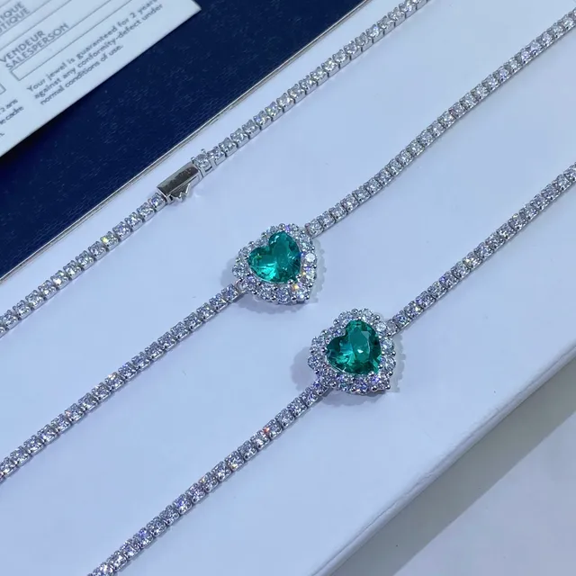 Heart-Shaped Green Gemstone Pavé Halo Silver-Tone Bracelet 3