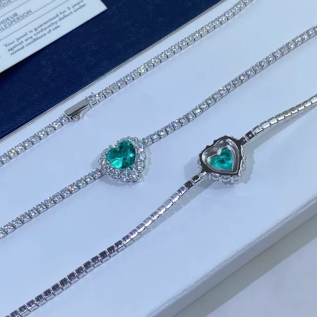 Heart-Shaped Green Gemstone Pavé Halo Silver-Tone Bracelet 4