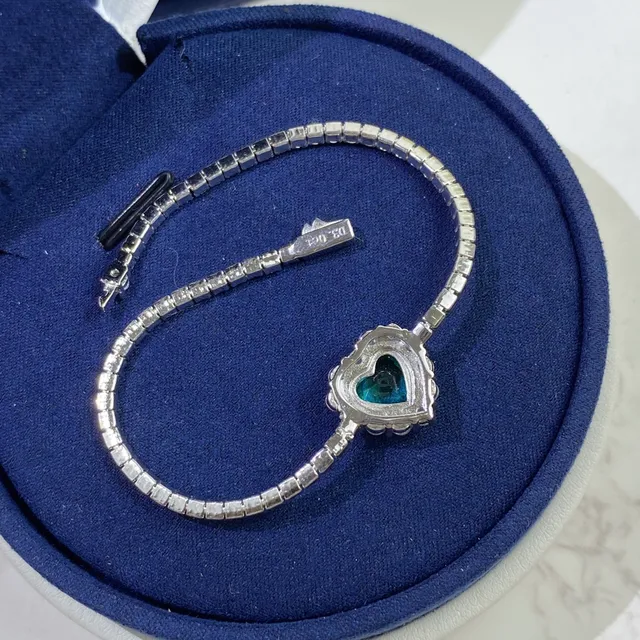 Heart-Shaped Green Gemstone Pavé Halo Silver-Tone Bracelet 5