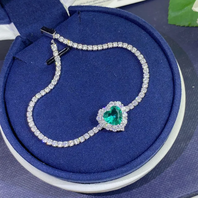 Heart-Shaped Green Gemstone Pavé Halo Silver-Tone Bracelet 7