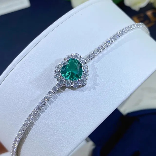Heart-Shaped Green Gemstone Pavé Halo Silver-Tone Bracelet 8