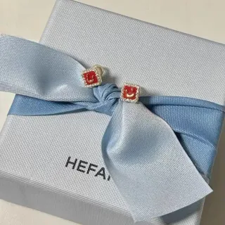 HEFAI Square Smiley Face Red Enamel Pavé Stud Earrings