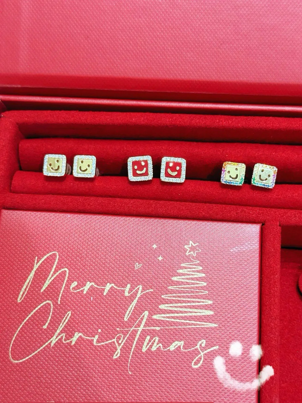 HEFAI Square Smiley Face Red Enamel Pavé Stud Earrings 2