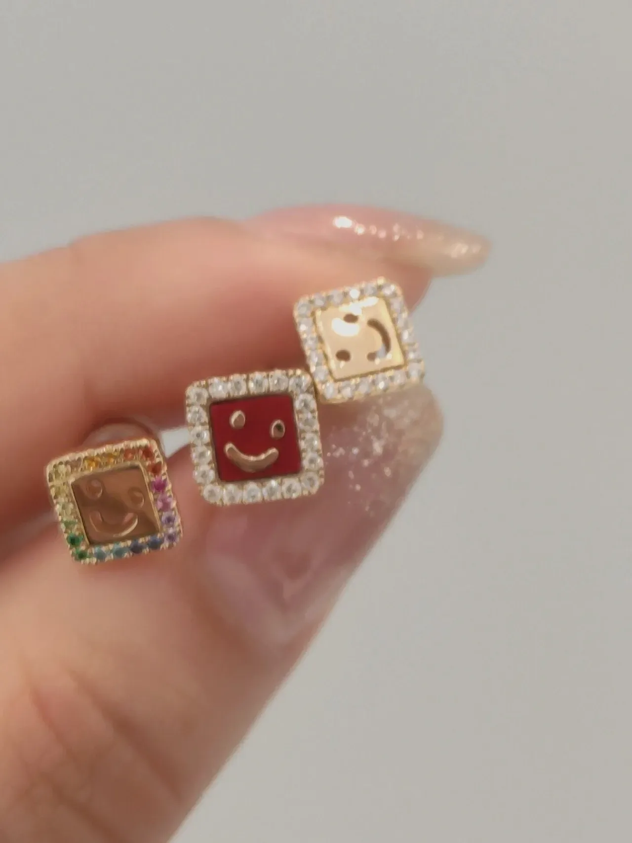HEFAI Square Smiley Face Red Enamel Pavé Stud Earrings 7