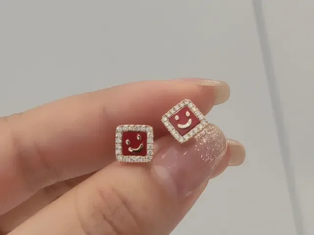 HEFAI Square Smiley Face Red Enamel Pavé Stud Earrings 8