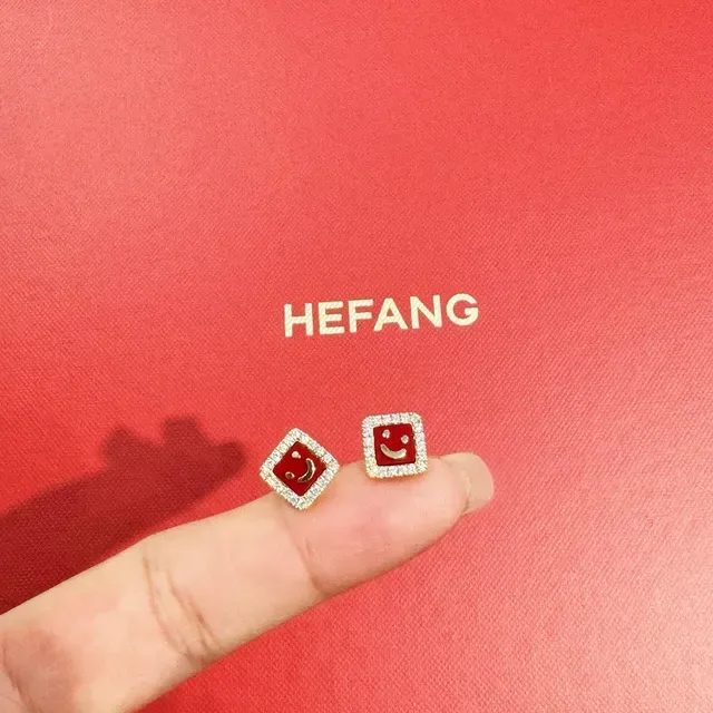 HEFAI Square Smiley Face Red Enamel Pavé Stud Earrings 9