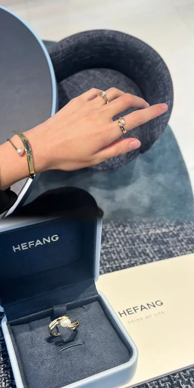 HEFANG Asymmetrical Pearl Accent Gold-Tone Open Cuff Bracelet 2