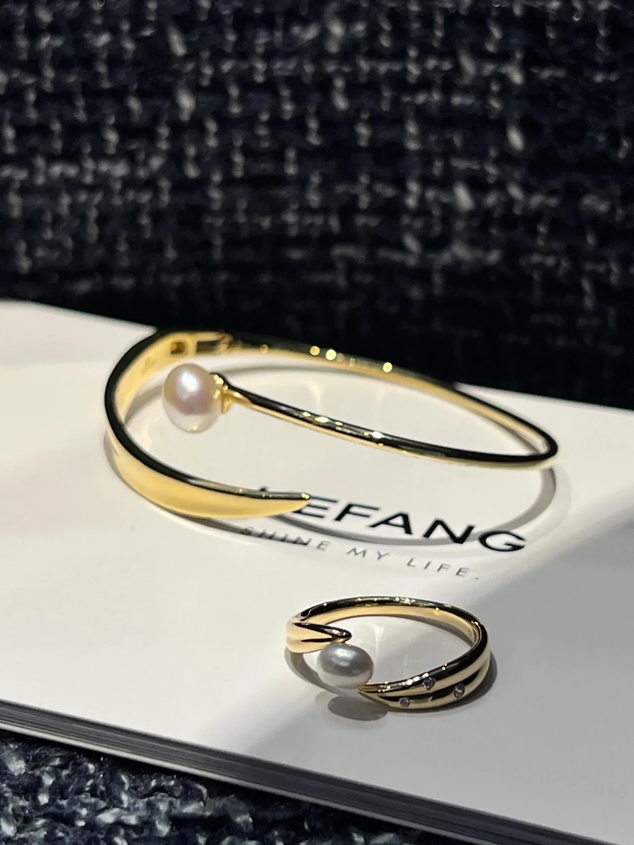 HEFANG Asymmetrical Pearl Accent Gold-Tone Open Cuff Bracelet 5