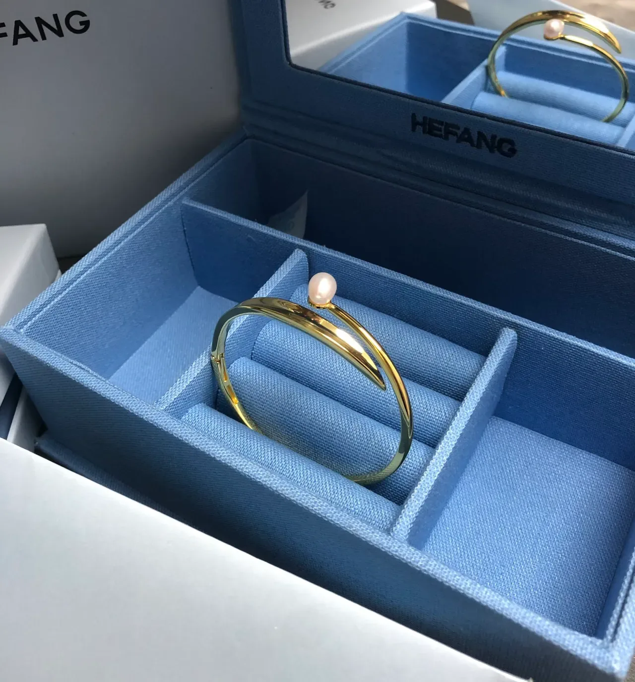 HEFANG Asymmetrical Pearl Accent Gold-Tone Open Cuff Bracelet 8