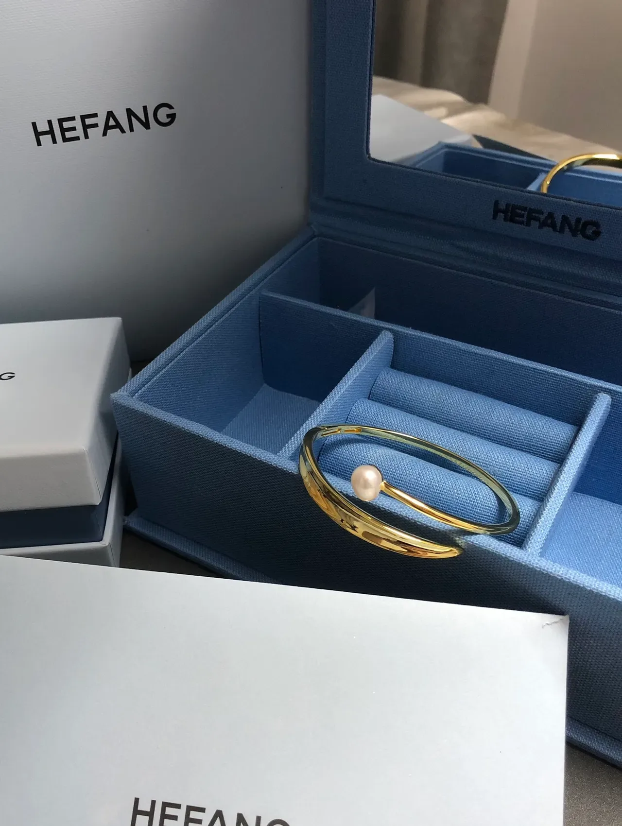 HEFANG Asymmetrical Pearl Accent Gold-Tone Open Cuff Bracelet 9