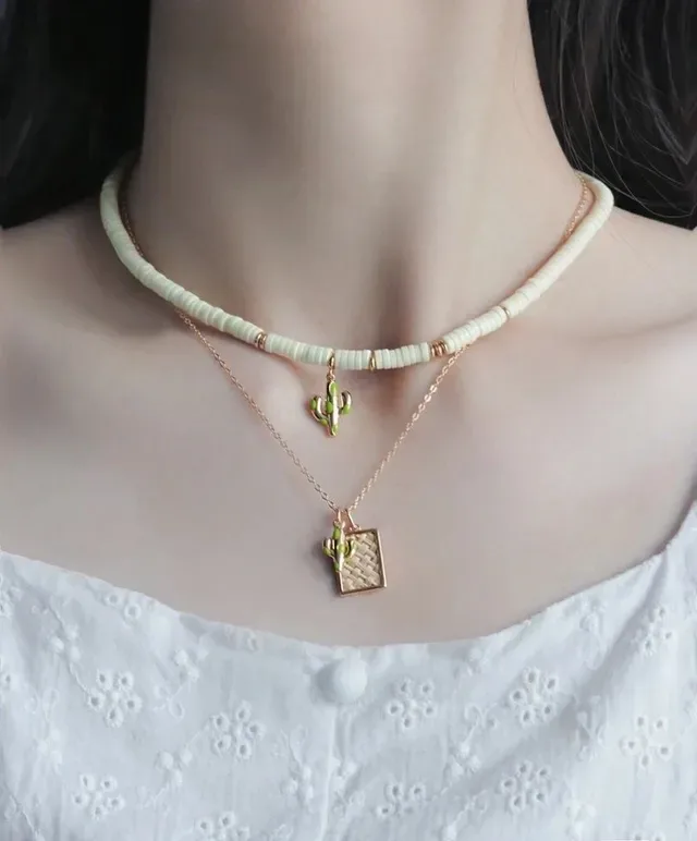HEFANG Gold Beige Chain And Beaded Layers Enamel Cactus Charms Necklace 2