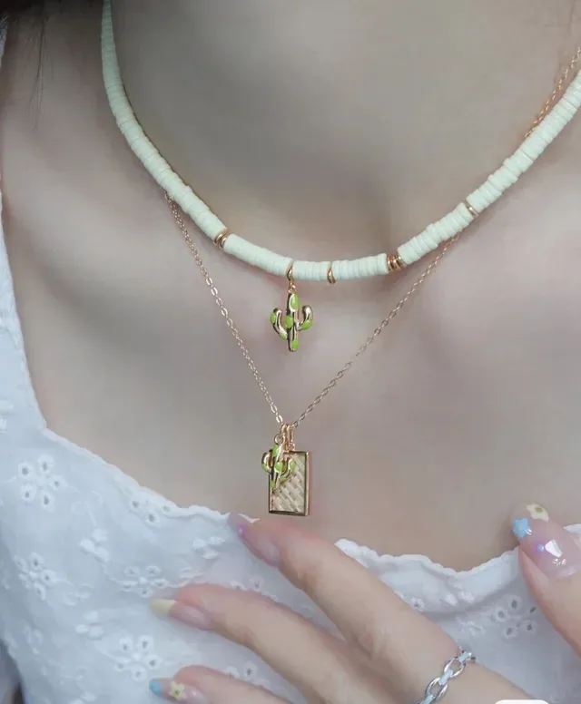 HEFANG Gold Beige Chain And Beaded Layers Enamel Cactus Charms Necklace 3