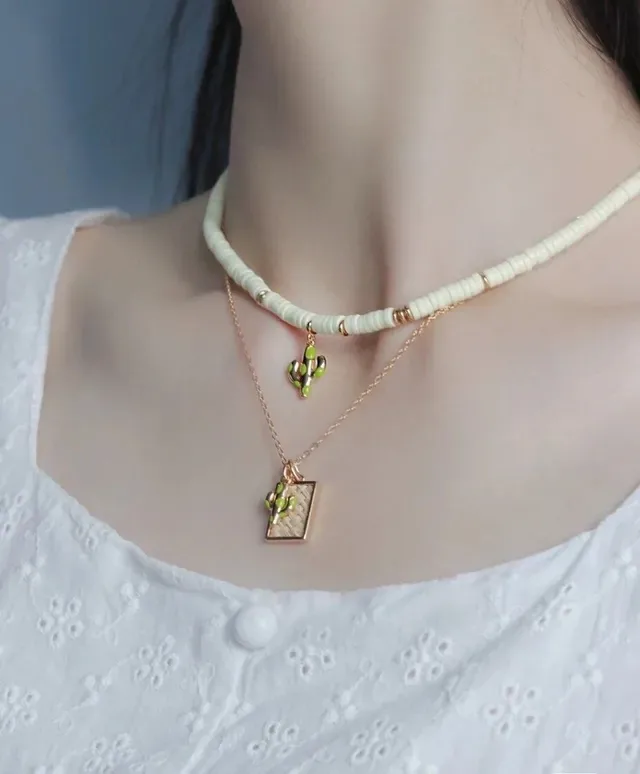 HEFANG Gold Beige Chain And Beaded Layers Enamel Cactus Charms Necklace 4