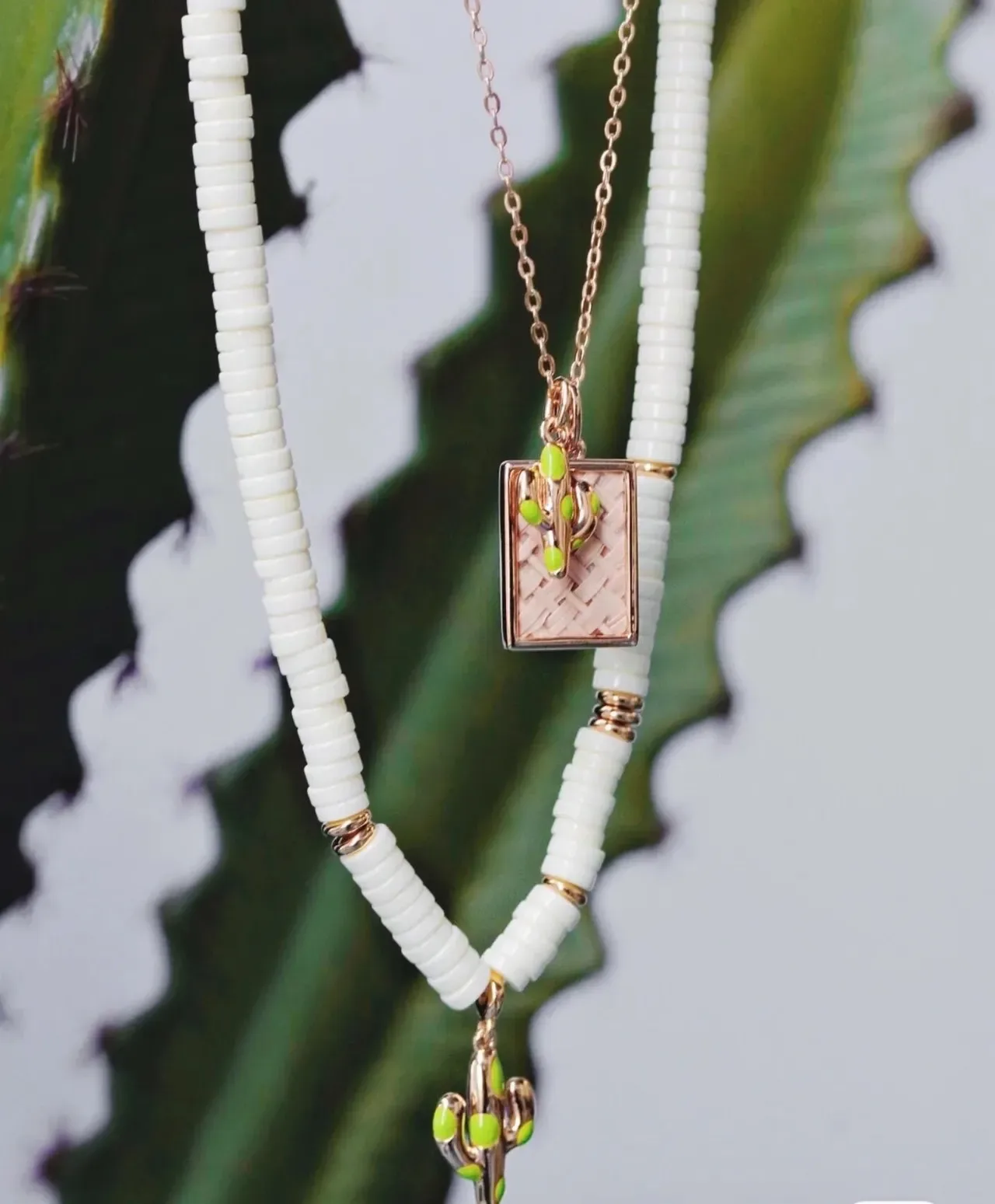 HEFANG Gold Beige Chain And Beaded Layers Enamel Cactus Charms Necklace 5