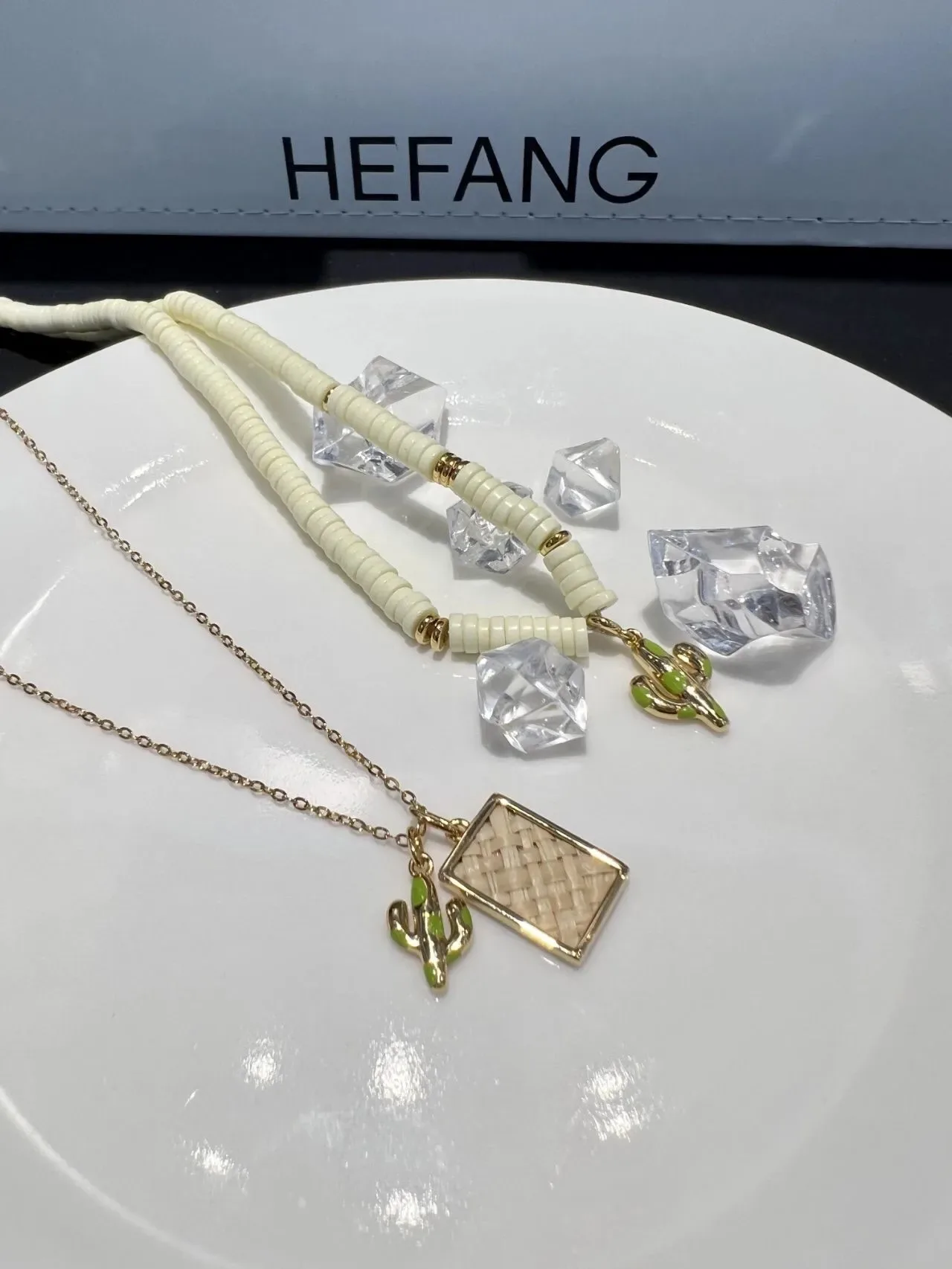 HEFANG Gold Beige Chain And Beaded Layers Enamel Cactus Charms Necklace 6