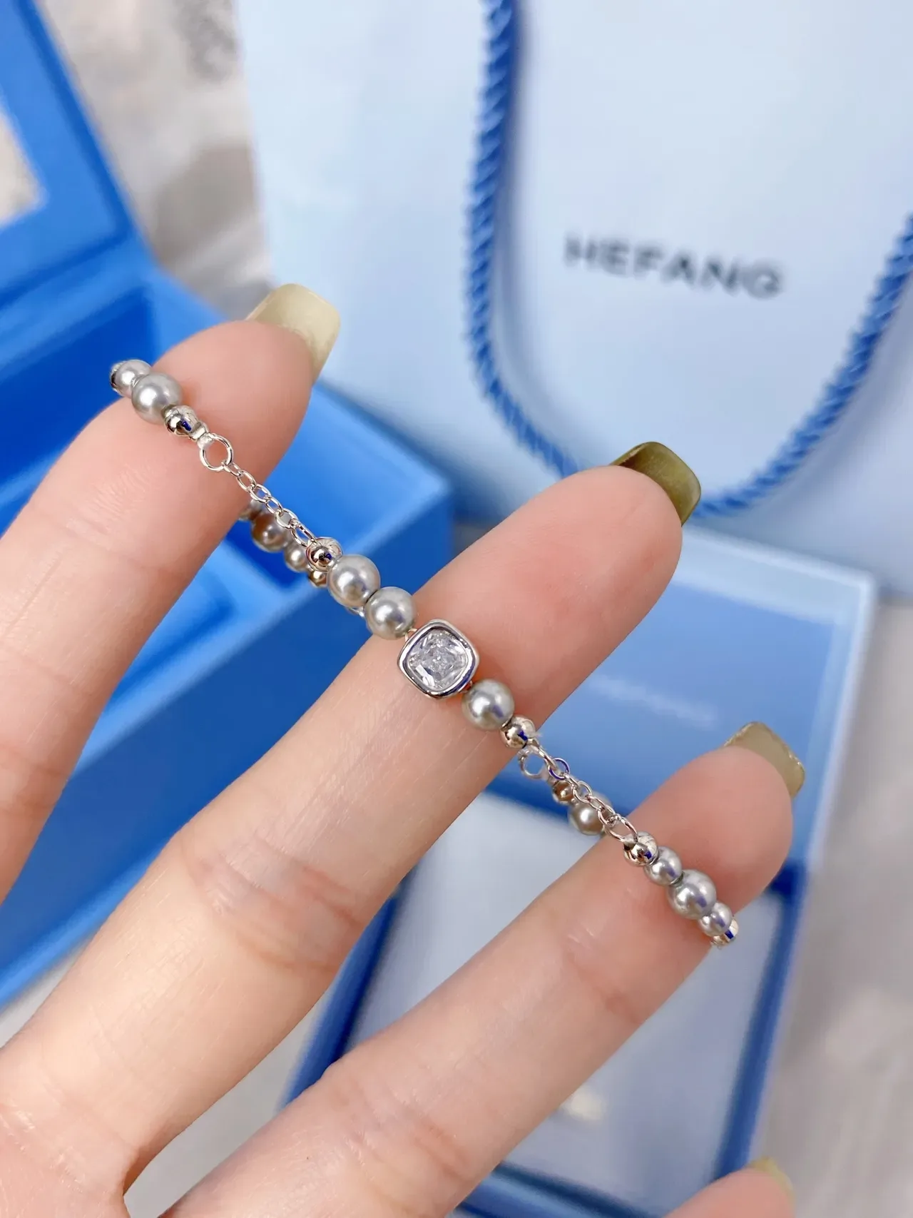 HEFANG Silver Chain Pearl Bead Square Crystal Bracelet 5