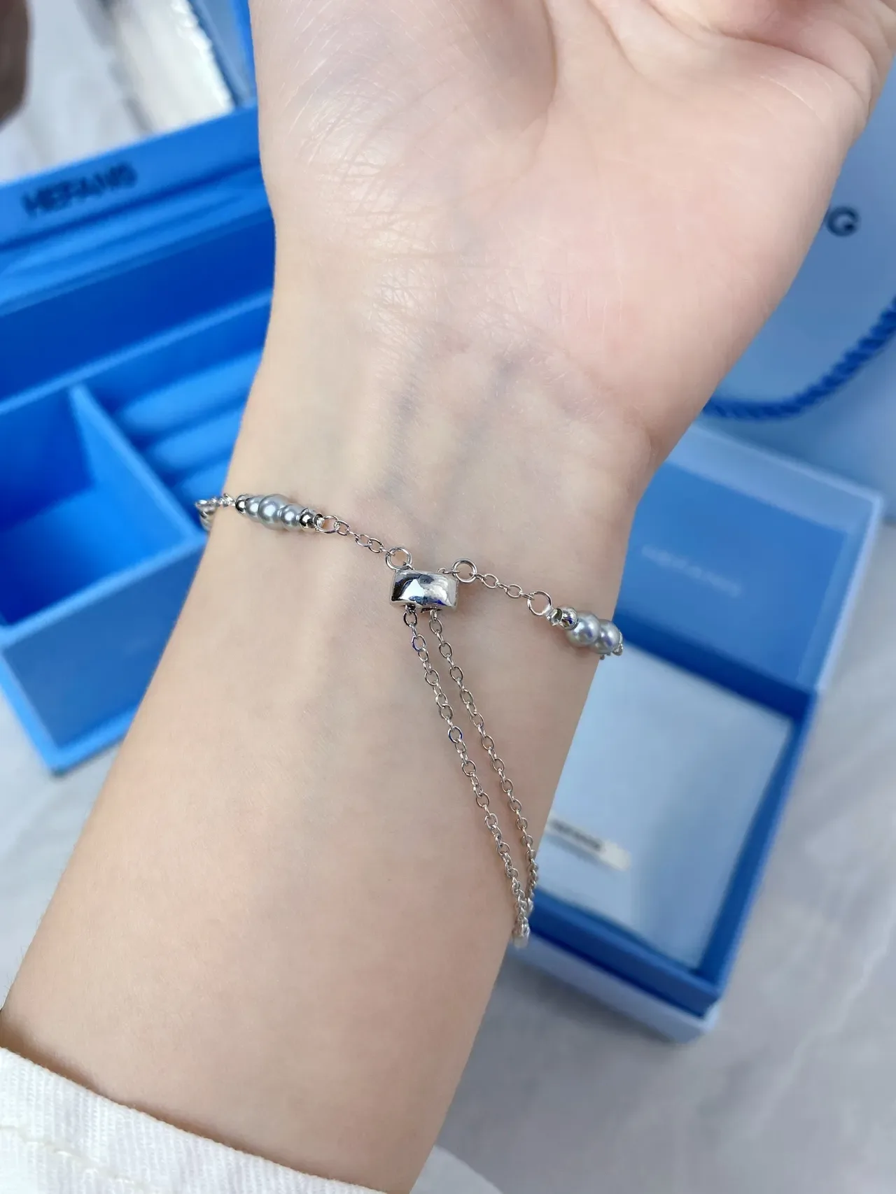 HEFANG Silver Chain Pearl Bead Square Crystal Bracelet 6