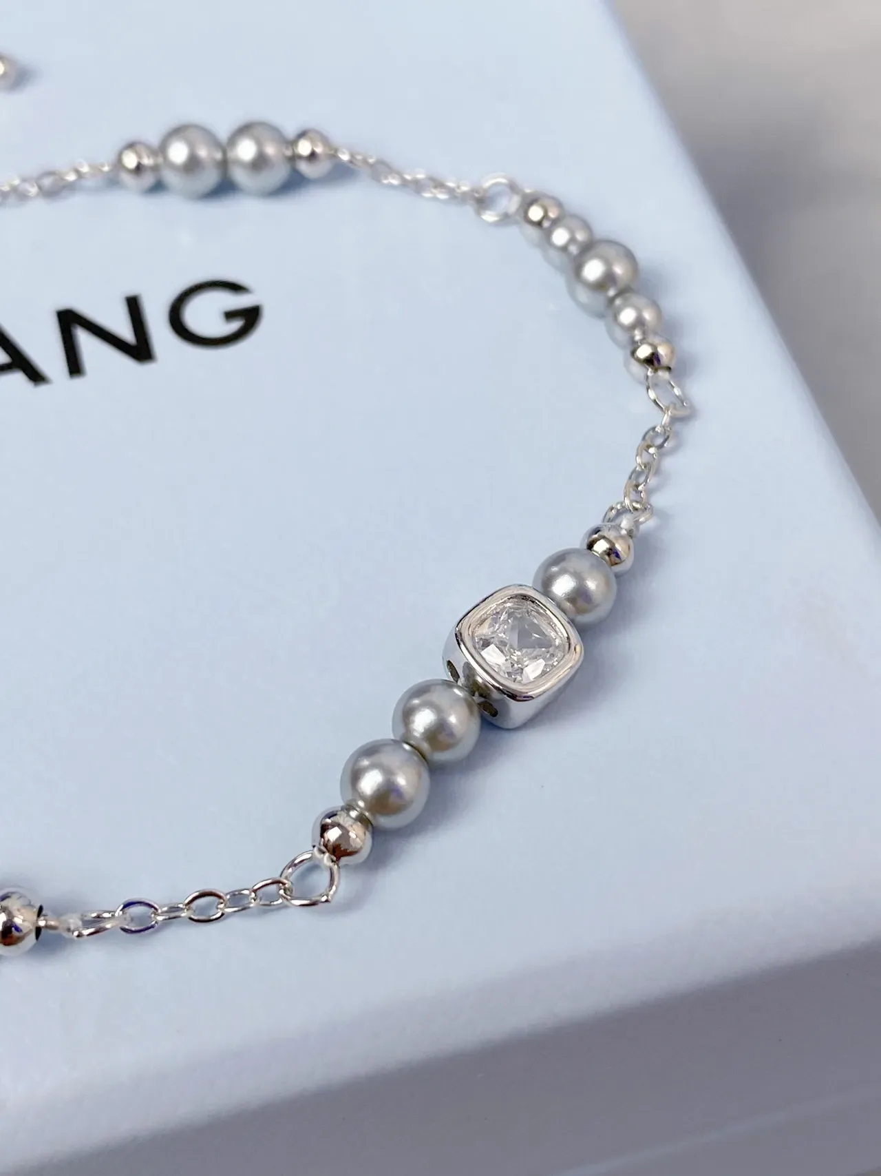 HEFANG Silver Chain Pearl Bead Square Crystal Bracelet 7