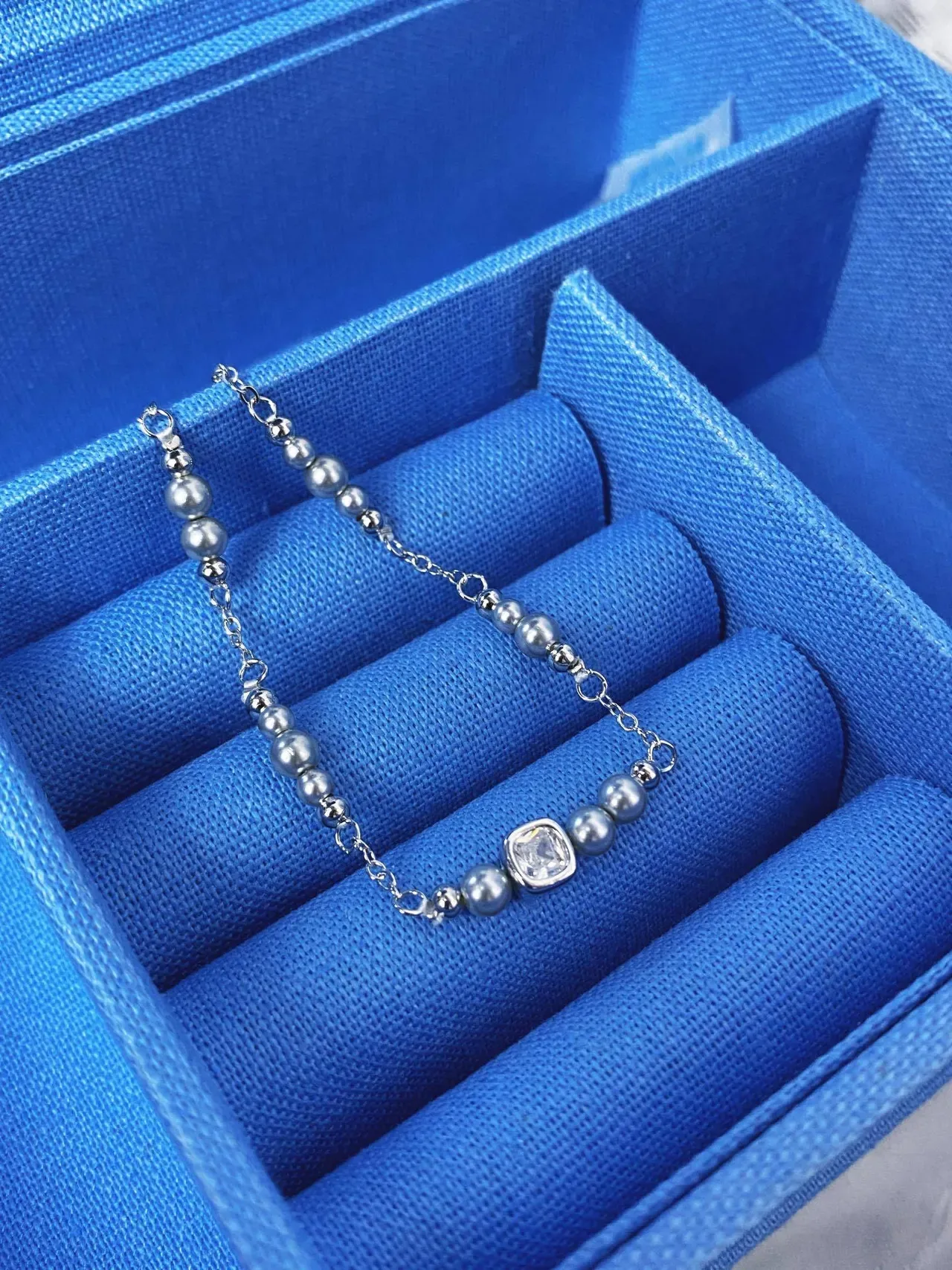 HEFANG Silver Chain Pearl Bead Square Crystal Bracelet 8