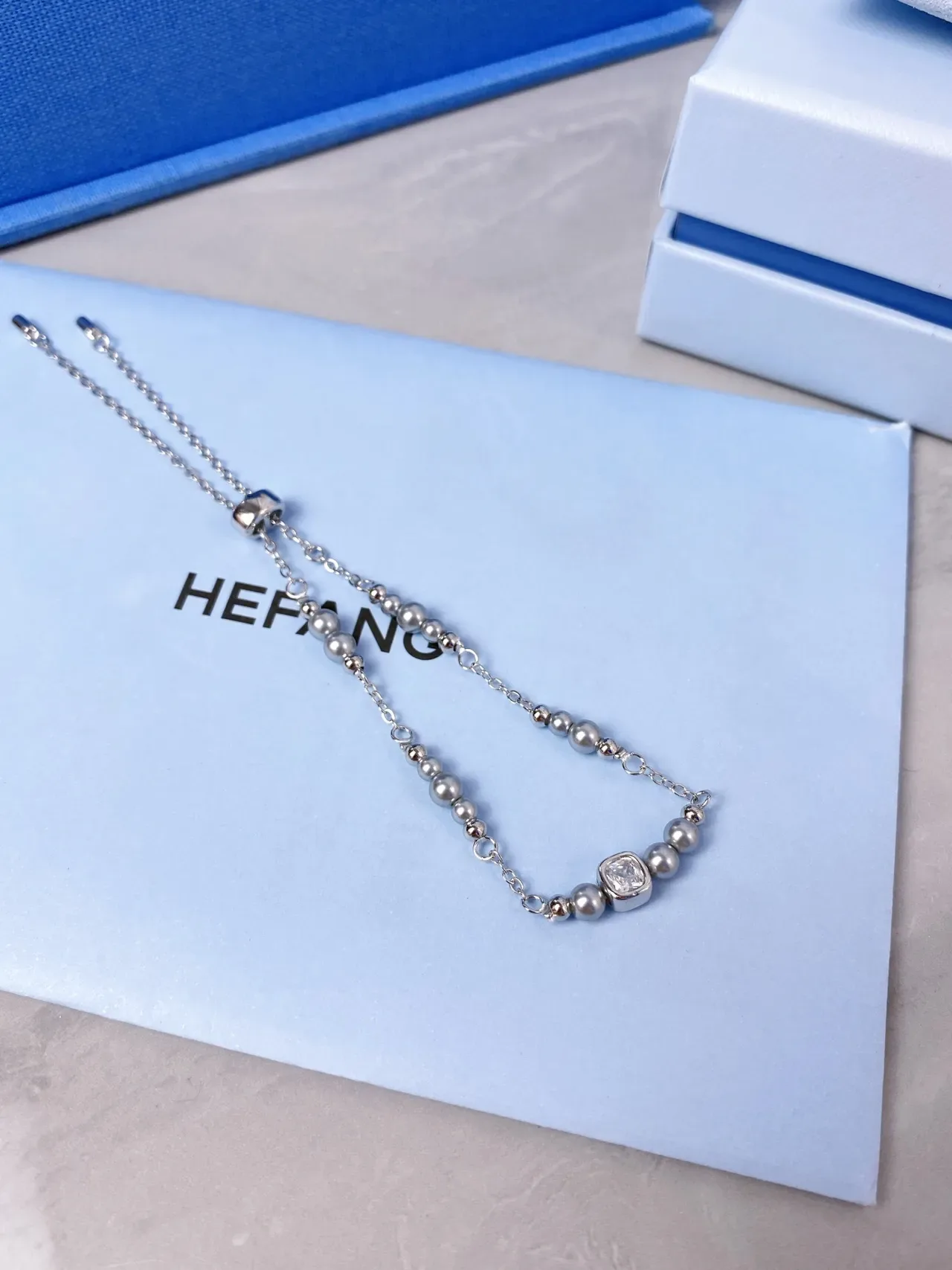 HEFANG Silver Chain Pearl Bead Square Crystal Bracelet 9