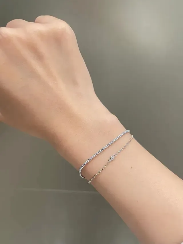 HEFANG Silver Gray Double-Layer Chain Fine Link Necklace 6