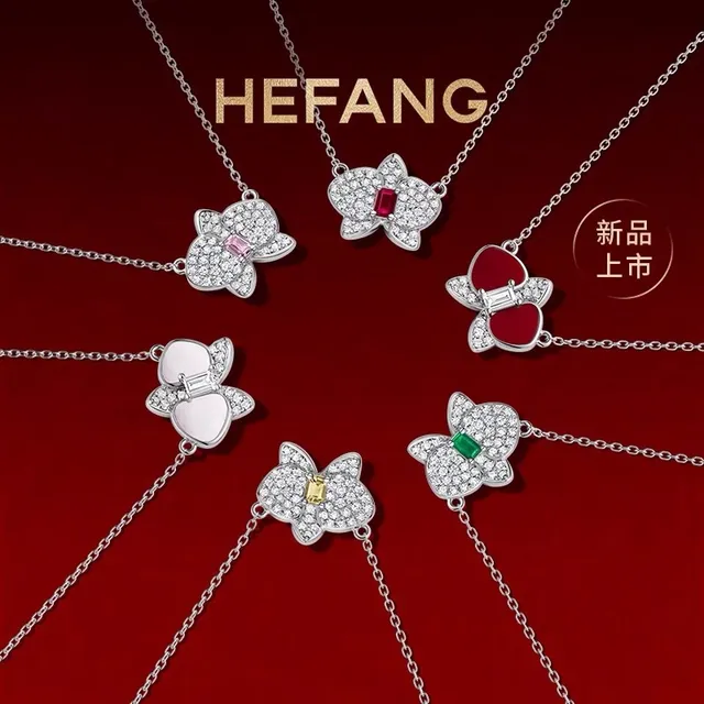 HEFANG Silver Orange Butterfly-Shaped Pendant Pavé-Set Clear Stones Necklace 2
