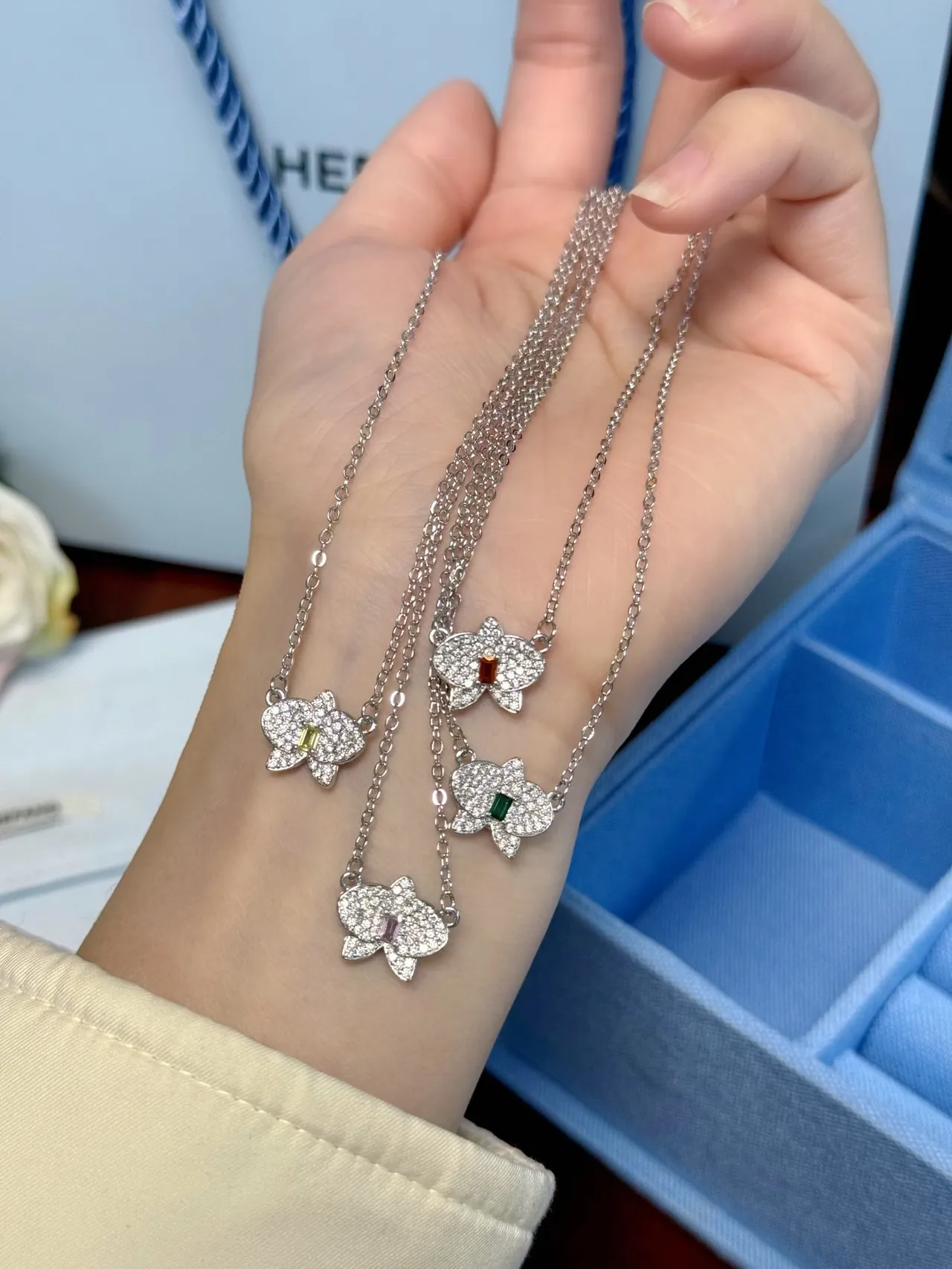 HEFANG Silver Orange Butterfly-Shaped Pendant Pavé-Set Clear Stones Necklace 5