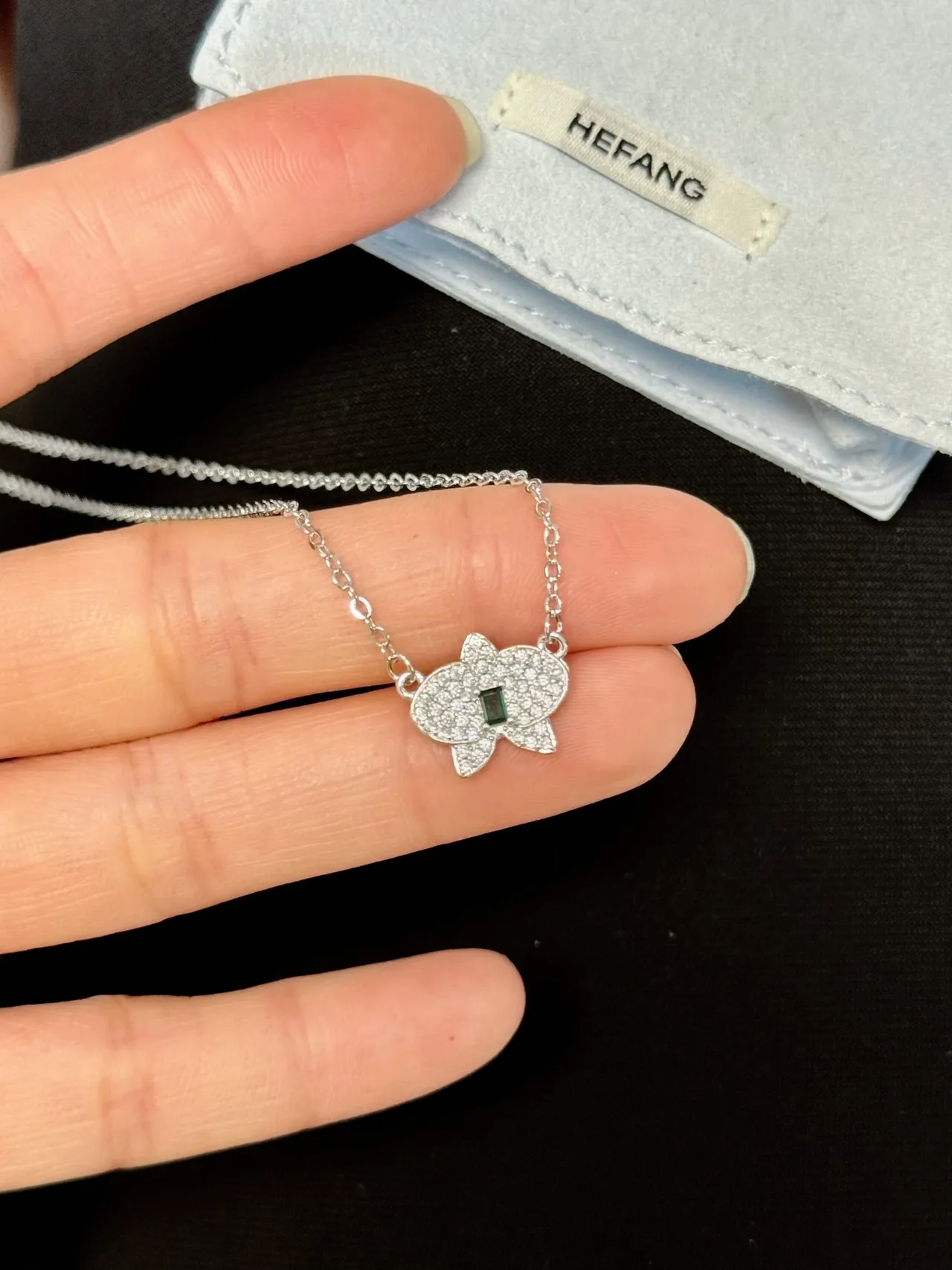 HEFANG Silver Orange Butterfly-Shaped Pendant Pavé-Set Clear Stones Necklace 6