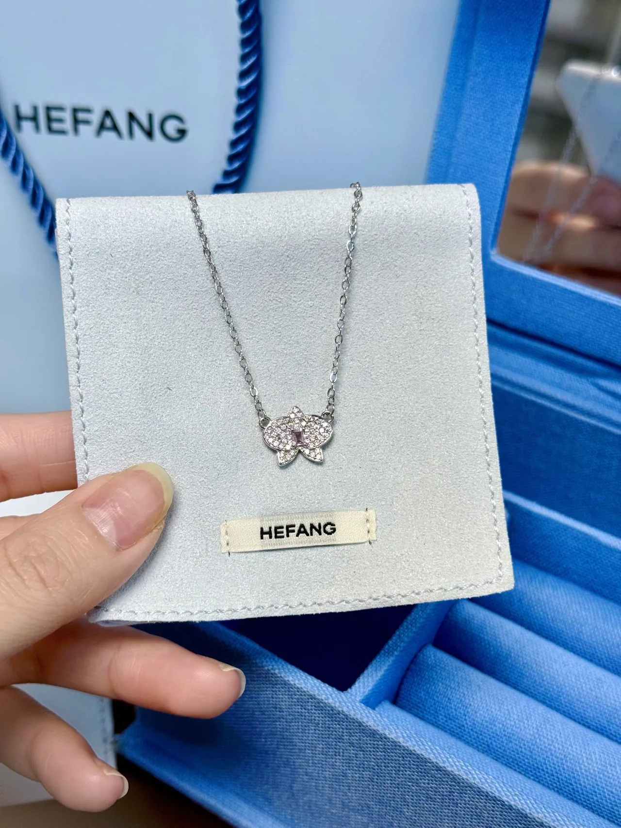 HEFANG Silver Orange Butterfly-Shaped Pendant Pavé-Set Clear Stones Necklace 7