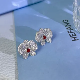 HEFANG Silver Red Floral-Shaped Pavé-Set Earrings