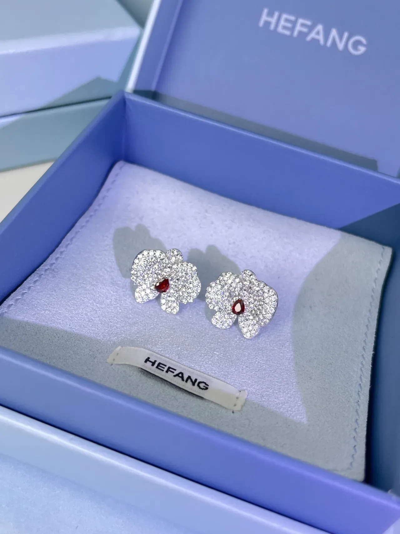 HEFANG Silver Red Floral-Shaped Pavé-Set Earrings 4