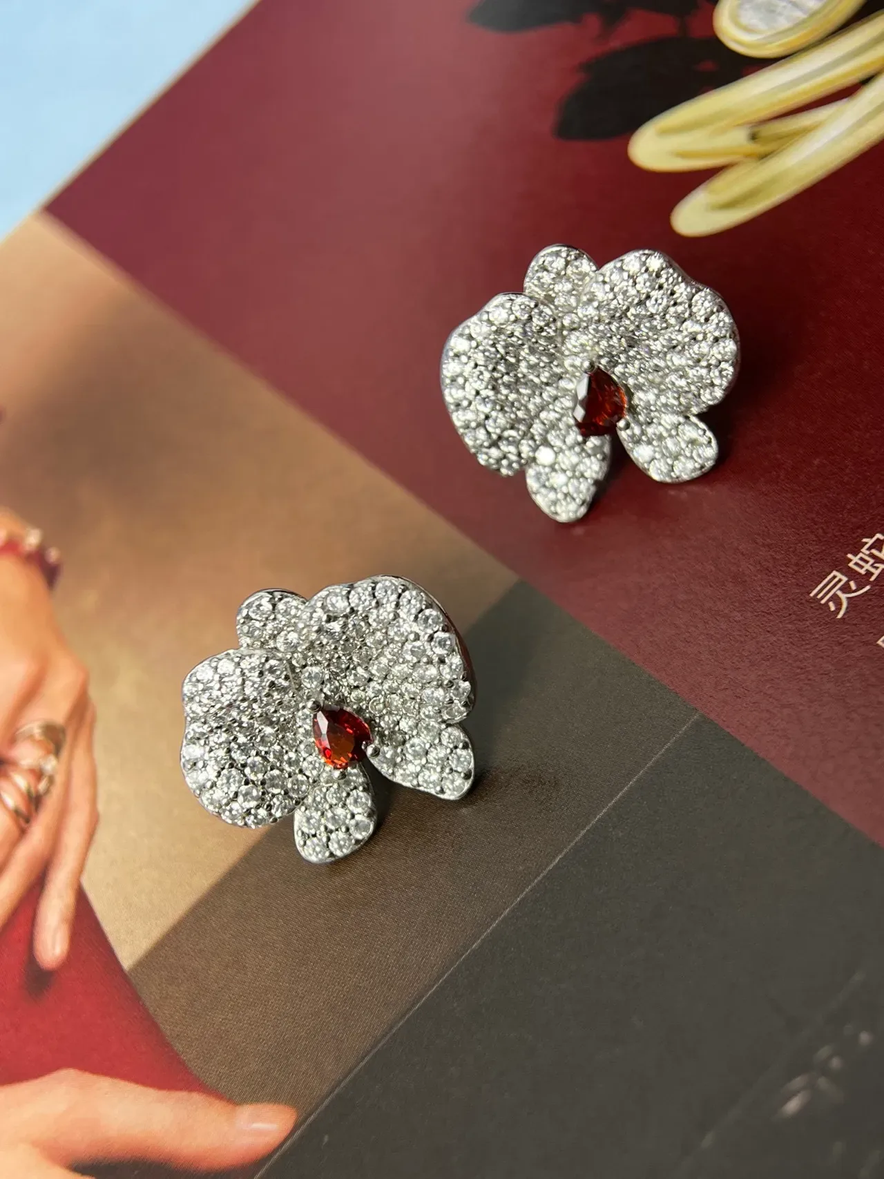 HEFANG Silver Red Floral-Shaped Pavé-Set Earrings 9
