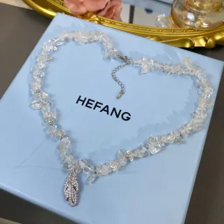 HEFANG Collier pendentif plume quartz transparent argenté chip-bead pavé