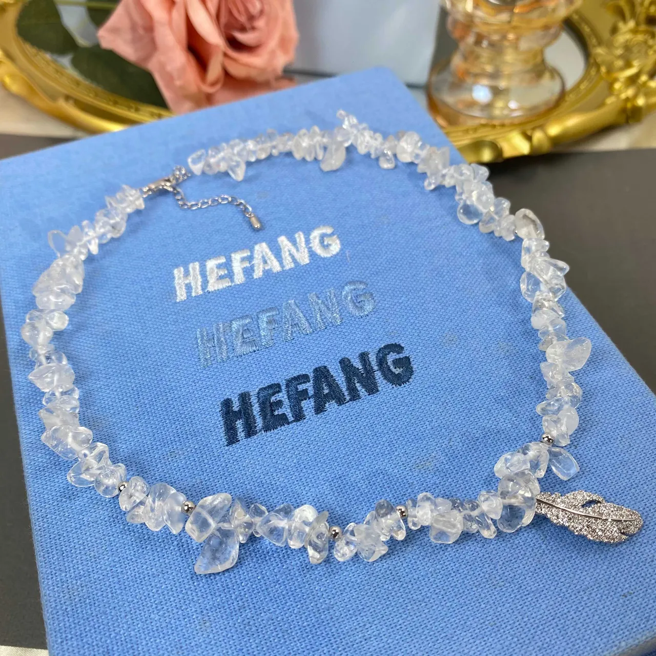 HEFANG Transparent Silver Chip-Bead Quartz Pavé Feather Pendant Necklace 7