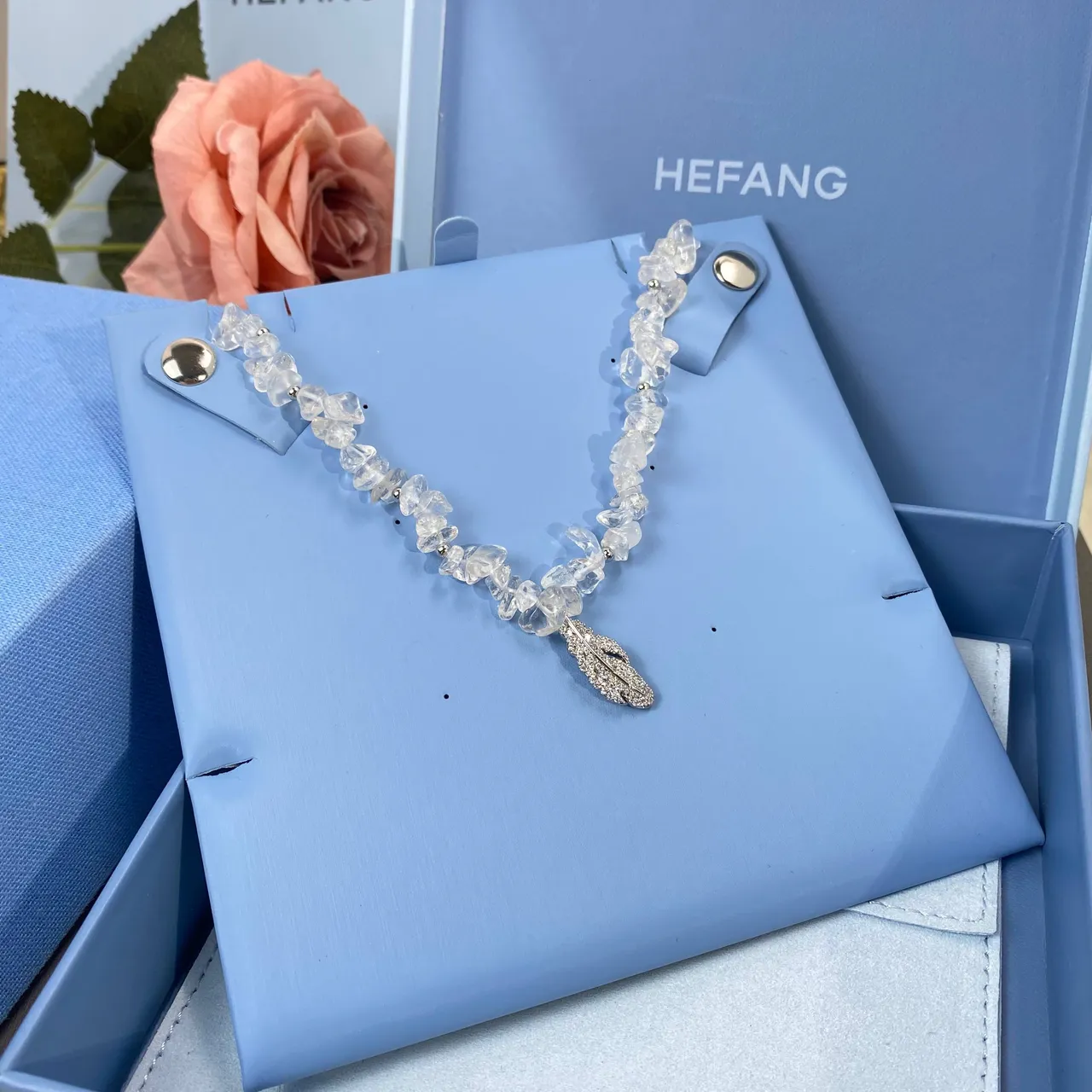 HEFANG Transparent Silver Chip-Bead Quartz Pavé Feather Pendant Necklace 9