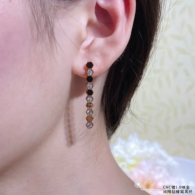 Hexagonal Link Alternating Black and Crystal Linear Dangle Earrings 9