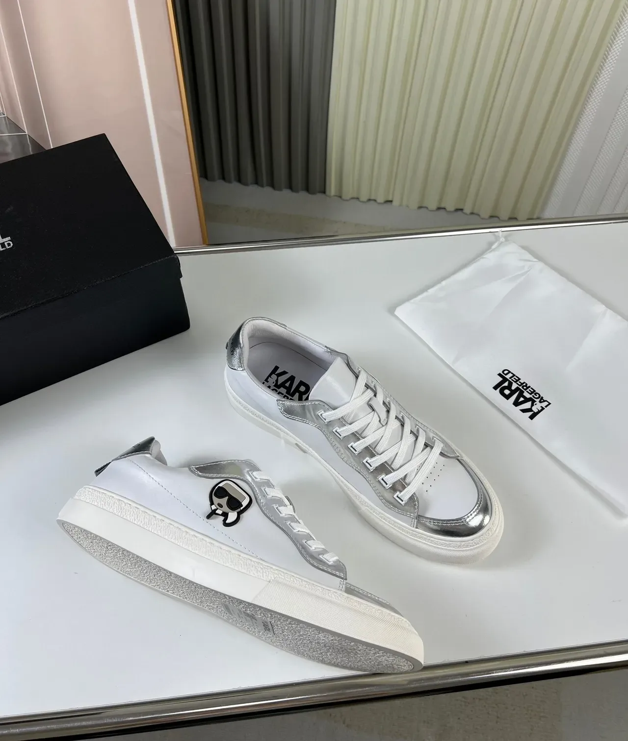 Karl Lagerfeld K/Ikonik White Silver Leather Upper Metallic Overlays Lifestyle Sneakers 5