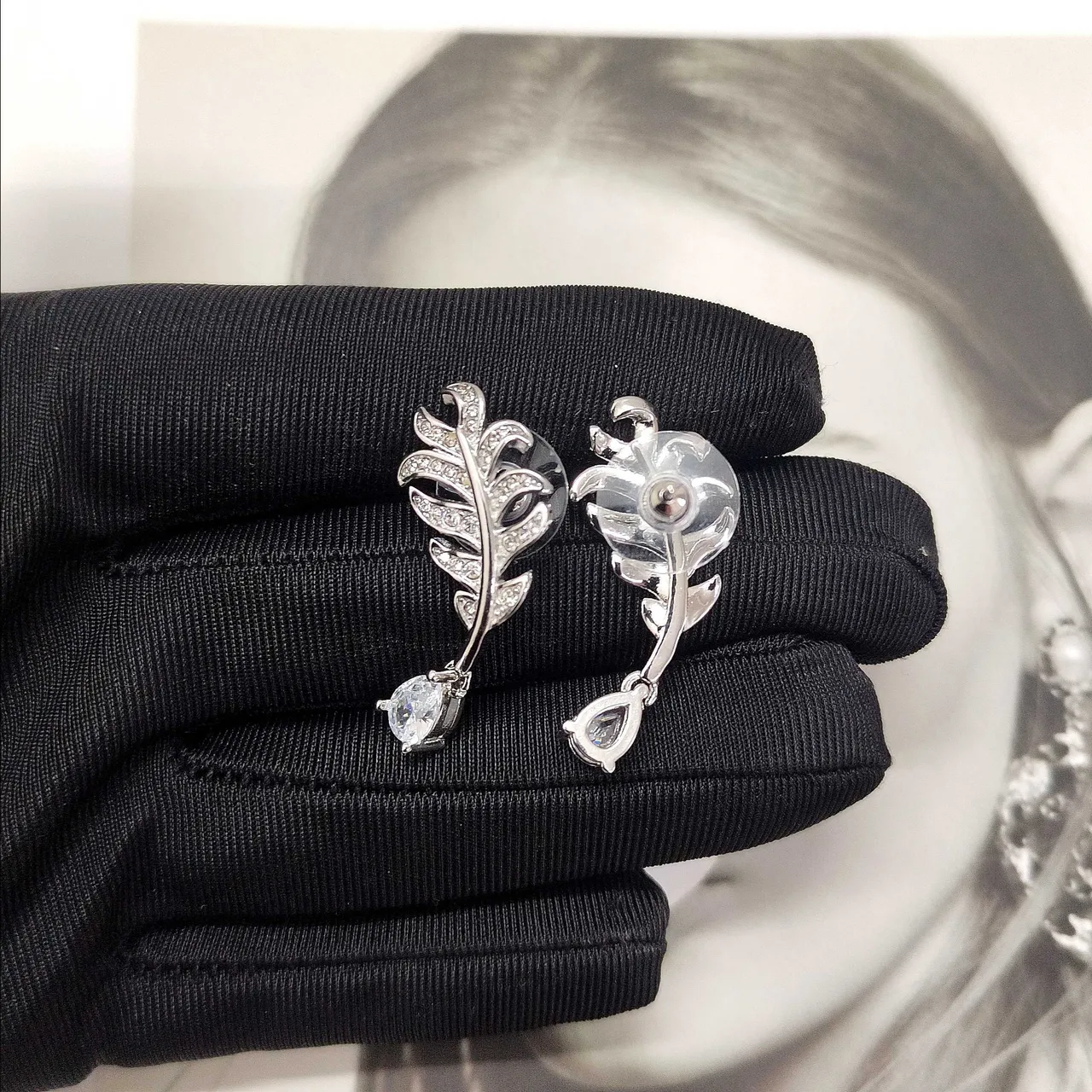 Leaf Filigree Pave Crystal Teardrop Drop Earrings 2