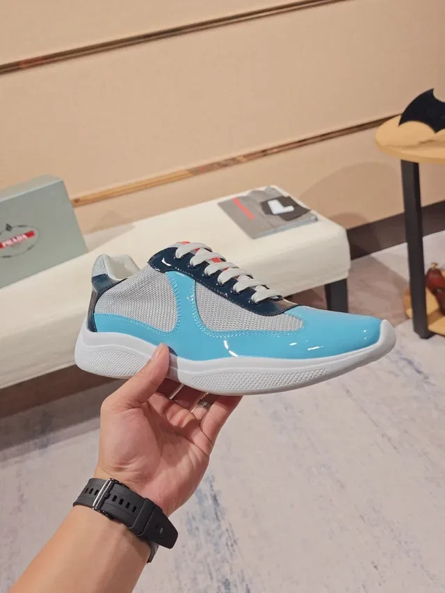 Light Blue and Navy Patent Mesh Panel Sneaker 4