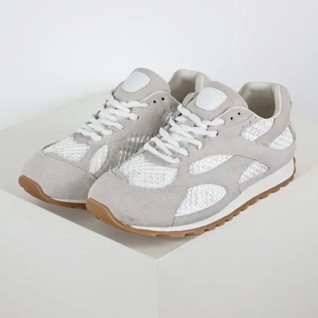Light Gray Suede and White Mesh Retro Runner Sneakers 2