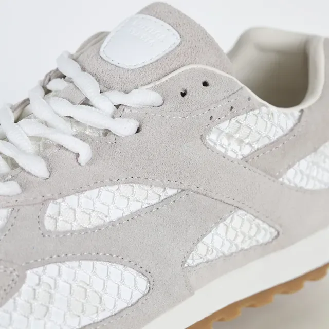 Light Gray Suede and White Mesh Retro Runner Sneakers 6